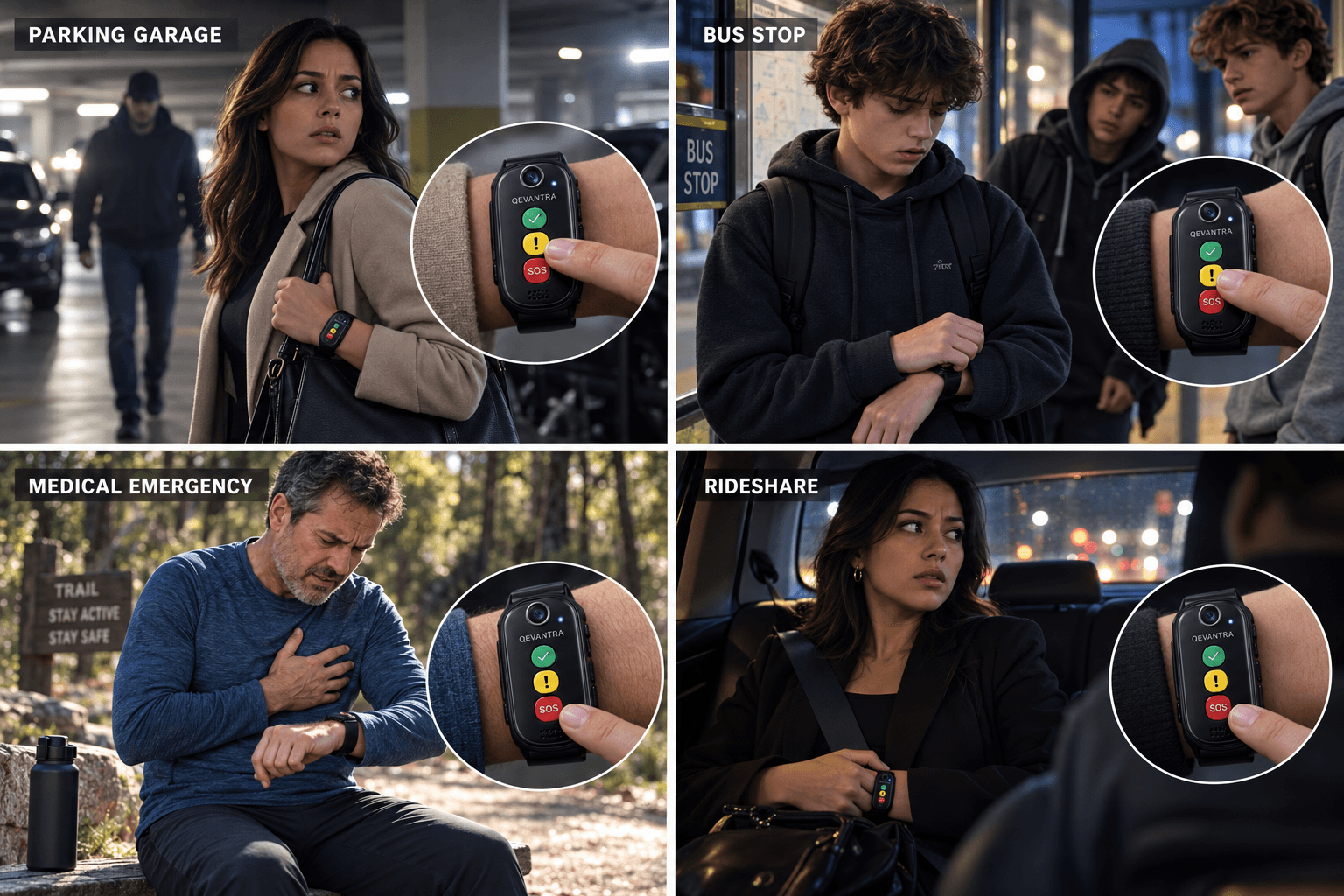 Qevantra Guardian in parking, transit, medical emergency, and rideshare safety scenarios