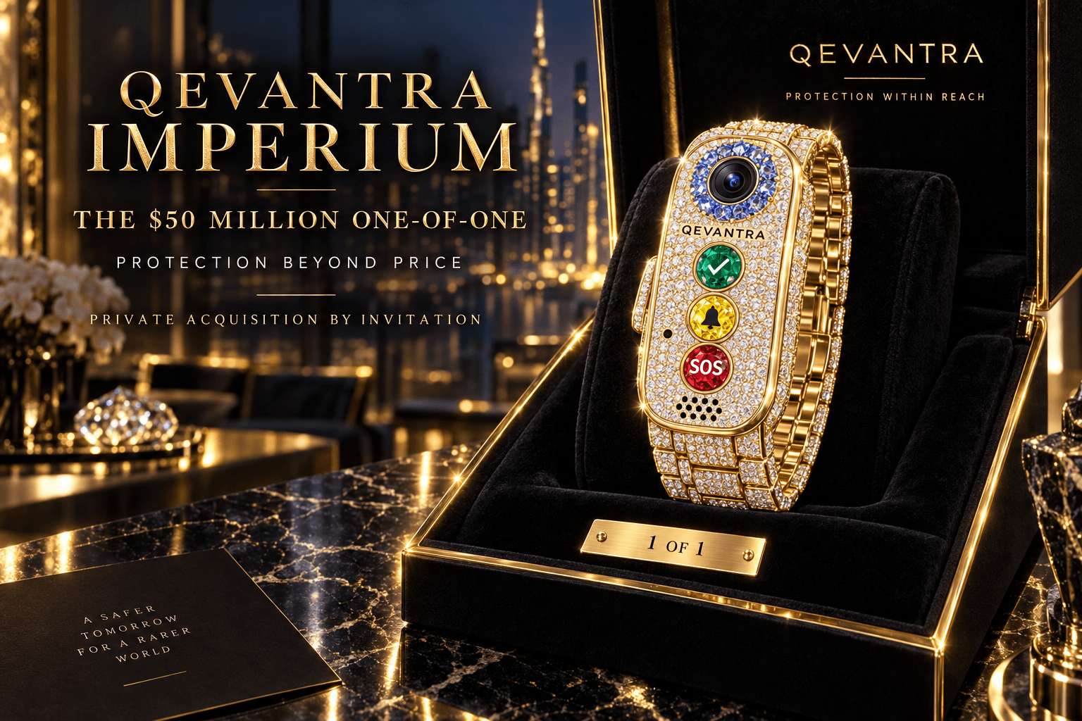 The one-of-one Qevantra Imperium jeweled personal-safety device in its presentation case